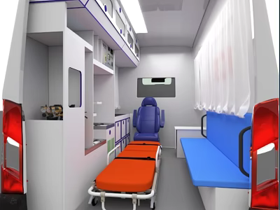 Ambulance Interior Design With Orange Stretcher Blue Seats And Medical Equipment 3d model