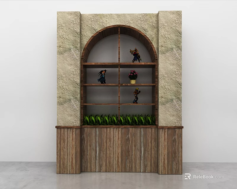 Wooden Shelving Unit With Decorative Figurines Green Plants And Stone Wall Design 3d model 