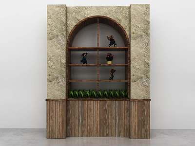 Wooden Shelving Unit With Decorative Figurines Green Plants And Stone Wall Design 3d model