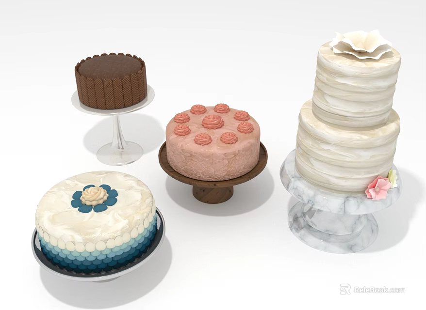Variety Of Decorated Cakes Including Chocolate Pink Multi Layered White And Gradient Designs On Stands 3d model 