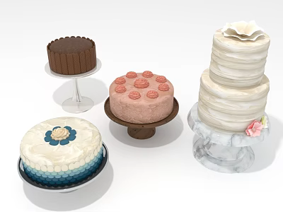 Variety Of Decorated Cakes Including Chocolate Pink Multi Layered White And Gradient Designs On Stands 3d model