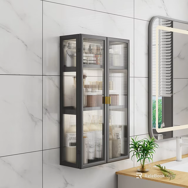 Kitchen Appliances In Modern Black Glass Cabinet For Marble Kitchen With Mirror And Plant 3d model 