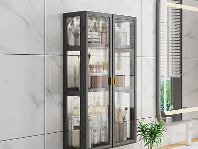 Kitchen Appliances In Modern Black Glass Cabinet For Marble Kitchen With Mirror And Plant 3d model