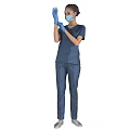 Woman In Blue Scrubs Adjusting Blue Gloves With Face Mask On