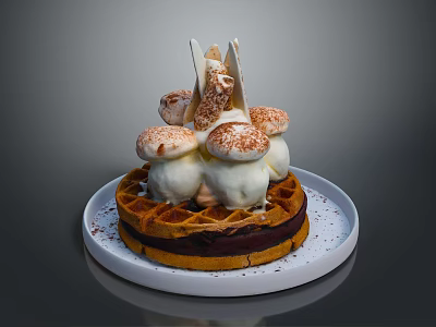 Delicious Waffle Dessert Topped With Ice Cream Whipped Cream And Chocolate Decorations On White Plate 3d model