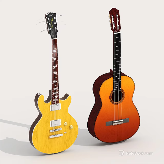 Two Stylish Musical Instruments Showcasing Yellow Electric And Orange Acoustic Guitars With Unique Body Shapes 3d model 