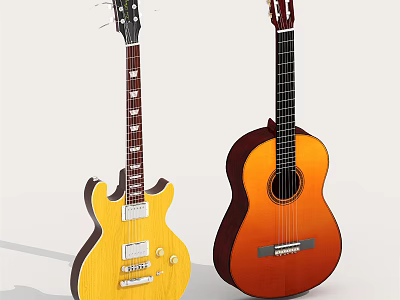 Two Stylish Musical Instruments Showcasing Yellow Electric And Orange Acoustic Guitars With Unique Body Shapes 3d model