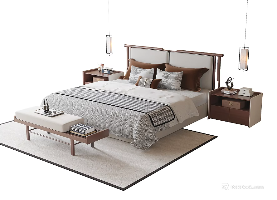 Modern Double Bed Setup With Bedside Tables Decorative Pillows And Area Rug 3d model