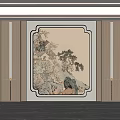 Chinese Style Background Wall with Traditional Landscape Painting and Wooden Cabinets in Interior Decor