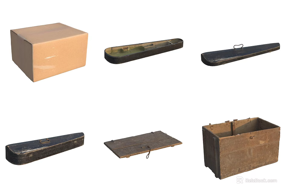 Assorted Storage Containers Including Cardboard Box Wooden Cases And Long Boards 3d model