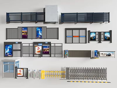 Modern Public Security Facilities Collection with Railings Billboards Booth and Barriers 3d model