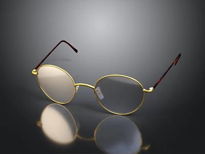 Round Eyeglasses With Gold Frame And Brown Temple Arms On Reflective Black Surface 3d model