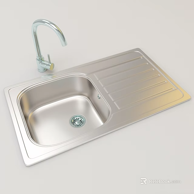 Modern Stainless Steel Kitchen Sink with Single Bowl Draining Board and Faucet 3d model 