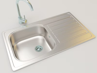 Modern Stainless Steel Kitchen Sink with Single Bowl Draining Board and Faucet 3d model