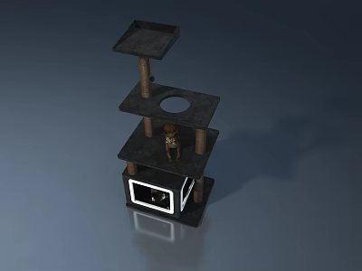 Multi level Cat Tree With Swing Door Small House Circular Hole Platforms And Kitten Toy 3d model