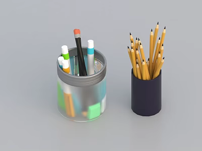 Organized Stationery Items With Transparent Holder Containing Colored Pens And Dark Container With Yellow Pencils 3d model