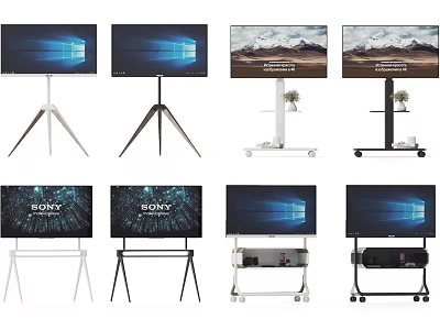 TV Screens Displayed On Different Stands Including Tripod And Mobile Cart Designs 3d model