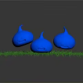Green Grassy Surface With Three Blue Bulbous Shapes And Textured Design