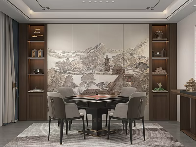 Hotel Mahjong Room with Chinese Style Landscape Painting Backdrop Wooden Furniture and Comfortable Chairs 3d model