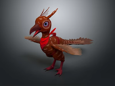 3D Bird Model With Red Bow Tie Brown Feathers Spread Wings Big Eyes And Crest 3d model
