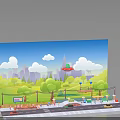 Cartoon Scene Construction With Blue Sky White Clouds UFO Green Grass Trees Road And Vehicles