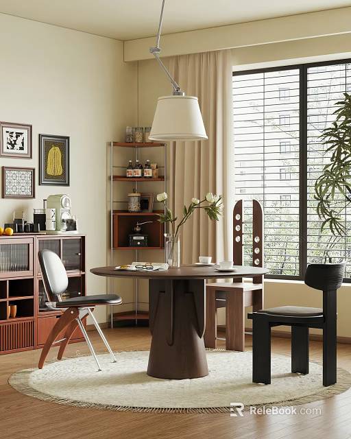 Modern Dining Table Set With Wooden Table Chairs Hanging Lamp Window Blinds And Green Plant 3d model 