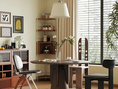 Modern Dining Table Set With Wooden Table Chairs Hanging Lamp Window Blinds And Green Plant 3d model