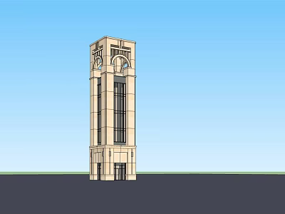 Light Stone Clock Tower with Arched Windows and Entrance Against Blue Sky 3d model