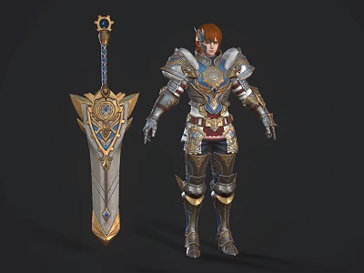 Fantasy Game Character In Intricate Armored Attire With Large Ornate Sword 3d model