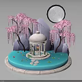 Weeping Pink Trees And Lotus Plants Around White Pavilion On Blue Platform Under Full Moon