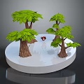Green Leafy Trees with Brown Trunks on White Circular Platform and Small Red Object 3d model