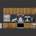 Modern L Shaped Wooden Cabinets Kitchen Interior With Blue Island Counter And Appliances