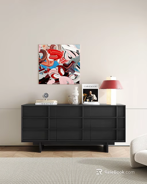 Modern Black Console Table with Abstract Painting Books Globe Vase Magazine and Red Lamp 3d model 