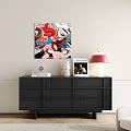 Modern Black Console Table with Abstract Painting Books Globe Vase Magazine and Red Lamp