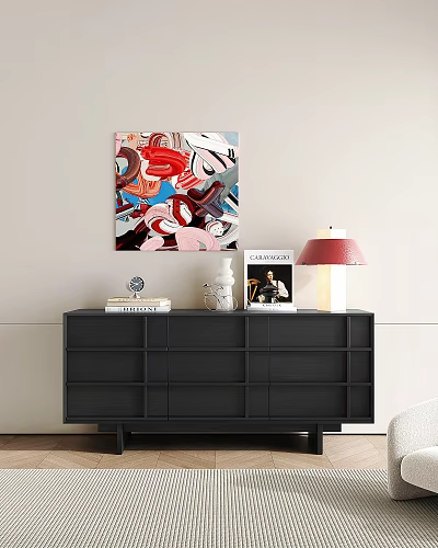 Modern Black Console Table with Abstract Painting Books Globe Vase Magazine and Red Lamp 3d model