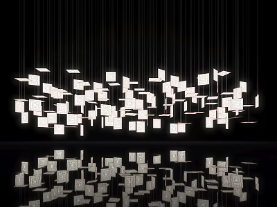 Square Shaped Pendant Lights Hanging In Black Background With Reflective Surface Below 3d model