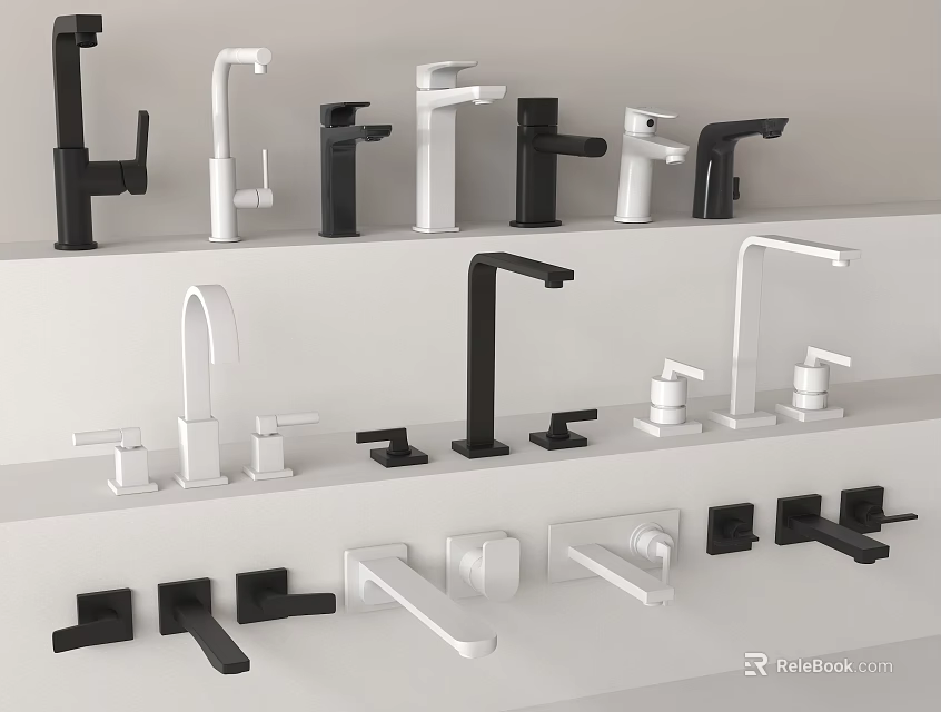 Various Styles Of Black And White Faucets Displayed On White Shelves 3d model 