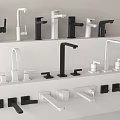 Various Styles Of Black And White Faucets Displayed On White Shelves