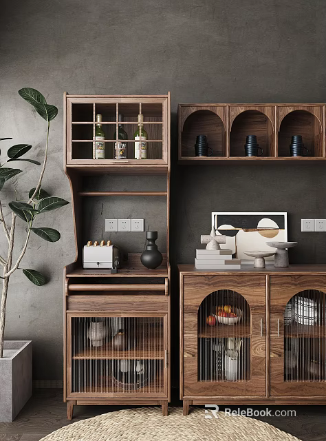 Wooden Sideboard With Open Shelves Closed Cabinets Wine Bottles And Decorative Items 3d model 