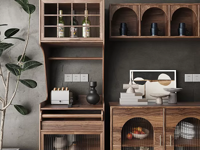 Wooden Sideboard With Open Shelves Closed Cabinets Wine Bottles And Decorative Items 3d model