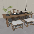 Traditional Chinese Wooden Tea Table and Chairs with Tea Set Chessboard and Plant