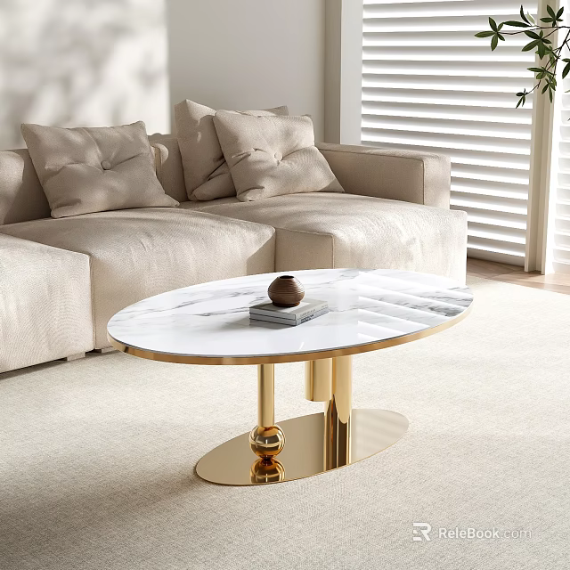 Elegant Round Marble Top Coffee Table With Gold Base And Beige Sofa In Living Room 3d model 