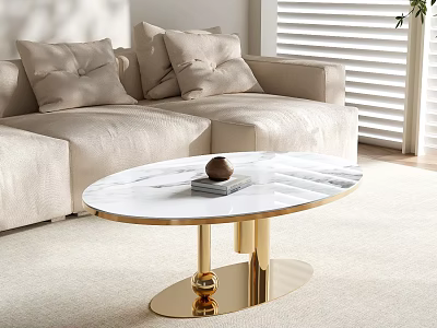 Elegant Round Marble Top Coffee Table With Gold Base And Beige Sofa In Living Room 3d model