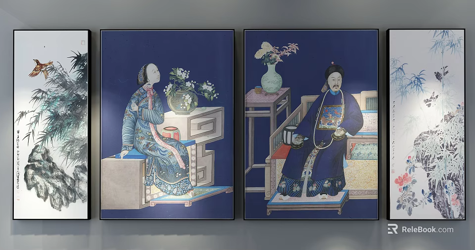 Traditional Chinese Figure Paintings With Blue Background And Traditional Attire Decorative Elements 3d model 