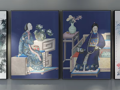 Traditional Chinese Figure Paintings With Blue Background And Traditional Attire Decorative Elements 3d model