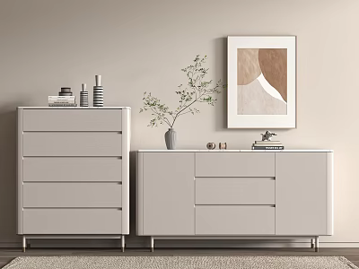 Modern Entryway And Side Cabinet In Light Gray With Decorative Plant And Wall Art 3d model