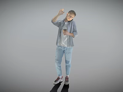 Man In Gray Shirt And Jeans Holding Mobile Phone Making Gesture On Gray Background 3d model