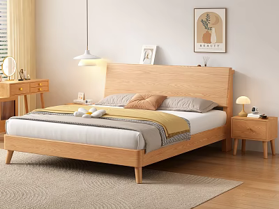 Minimalist Wooden Double Bed with Gray Pillows Yellow Blanket Nightstands Table Lamp and Wall Art 3d model