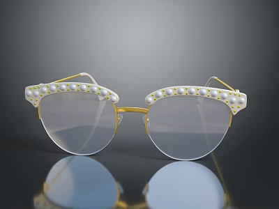 Stylish Women Pearl Decorated Gold Frame Clear Lens Eyeglasses Fashion Accessory 3d model