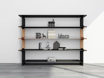 Modern Black And Wood Shelving Unit With Multiple Tiers And Decorative Items 3d model